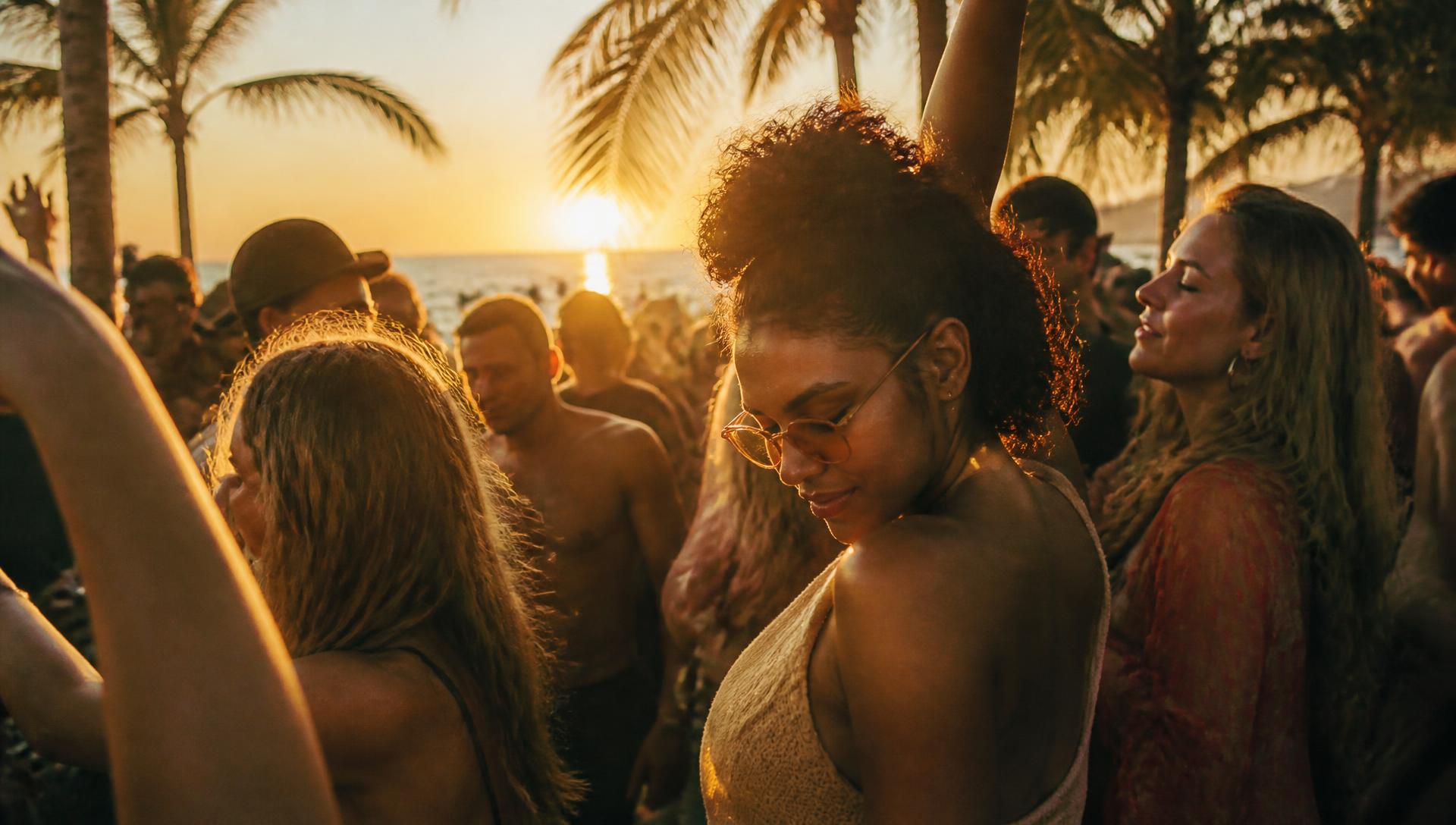 Pessoas a celebrar ao pôr do sol num evento Café Con Ron